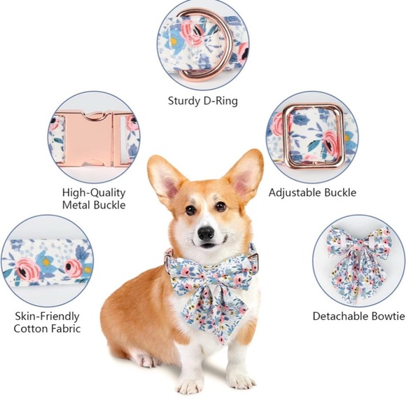 Dog Puppy Bow Floral Adjustable Detachable Collar Bandana Bone Shape Tag S/M NEW - Picture 13 of 16